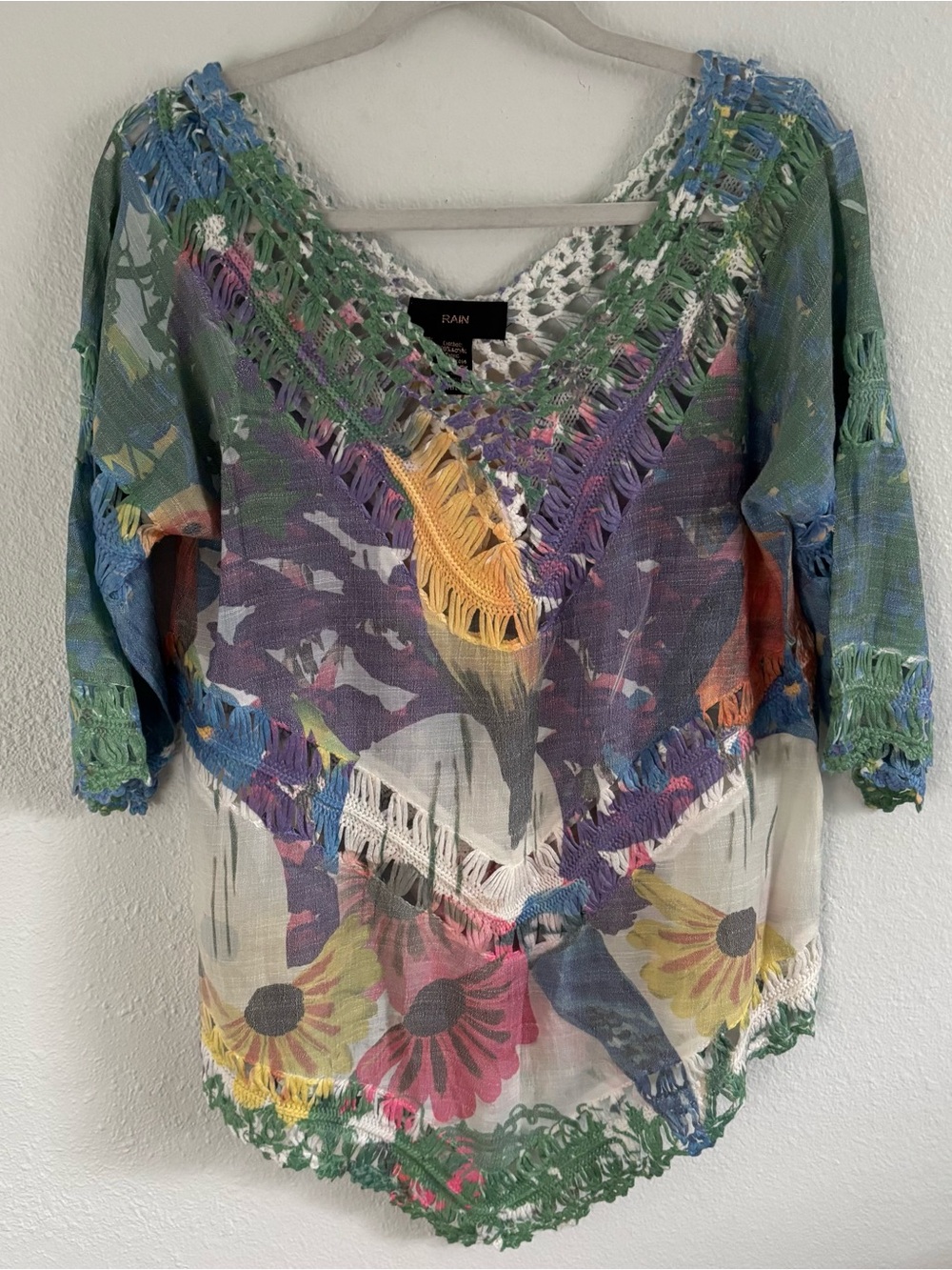 Rain blouse M crochet multi color artsy boho relaxed everyday wear abstract